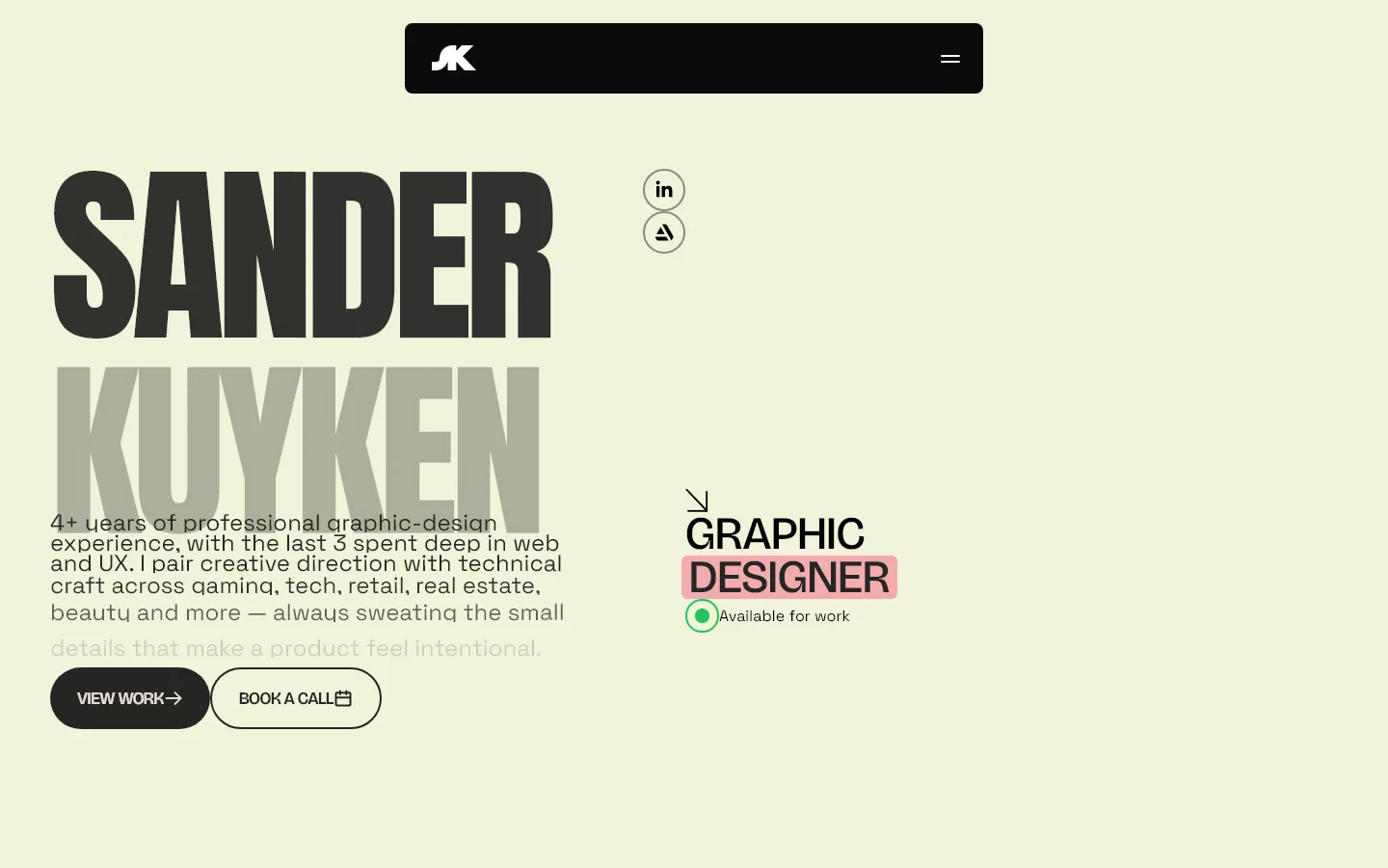 SK Design portfolio website homepage screenshot