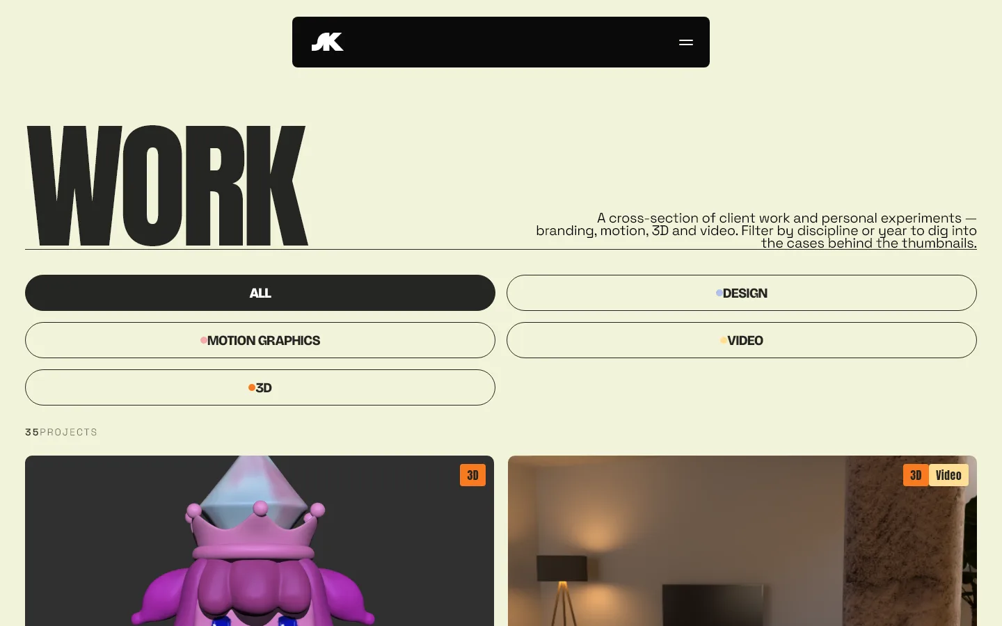 SK Design portfolio website homepage screenshot